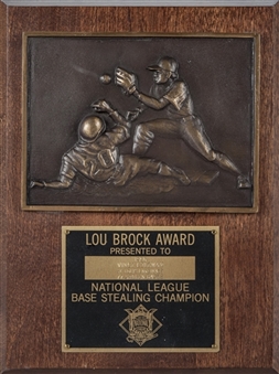 1990 Vince Coleman Signed Lou Brock National League Base Stealing Champion Award (Coleman LOA)